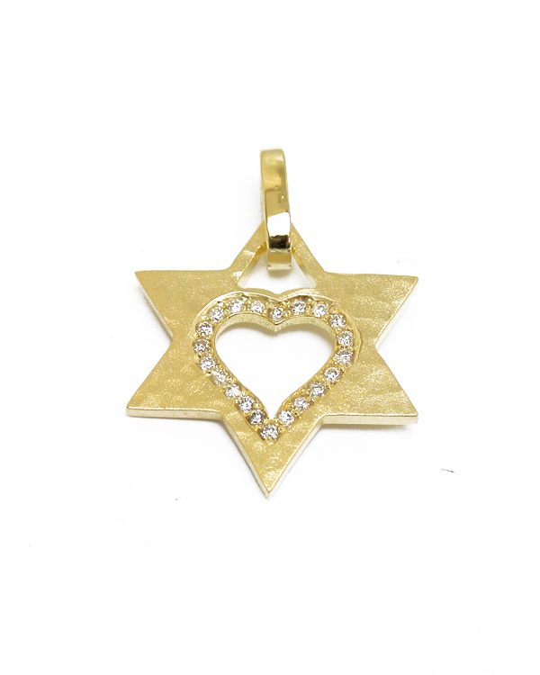 ⁦תליון מגן דוד ולב זהב לבן  14K משובץ יהלומים⁩ – תמונה ⁦3⁩