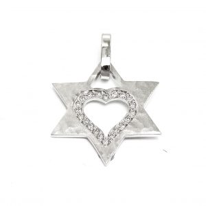 תליון מגן דוד ולב זהב לבן  14K משובץ יהלומים