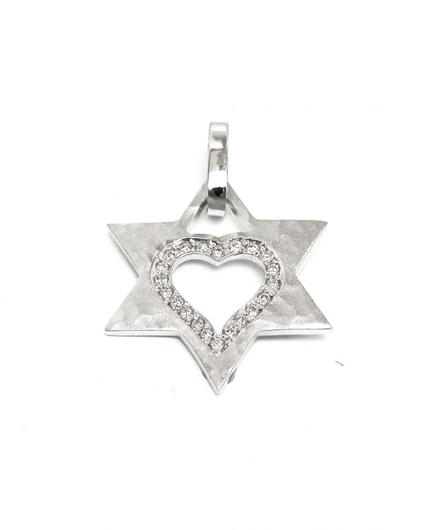 תליון מגן דוד ולב זהב לבן  14K משובץ יהלומים