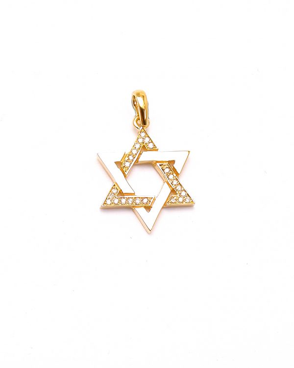 ⁦תליון מגן דוד זהב לבן/צהוב 14K משובץ יהלומים⁩ – תמונה ⁦3⁩